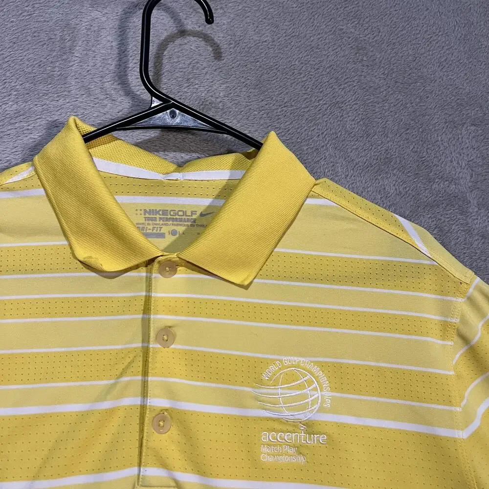 Nike Golf Shirt Mens Large Yellow Stripe Dri-FIT Polo Accenture WGC Performance